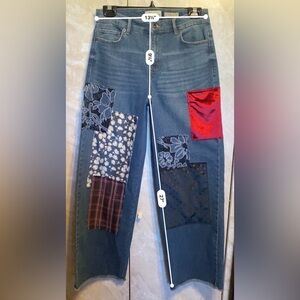 LOGO WIDE LEG Patchwork Jeans with Multicolor Fabric Accents